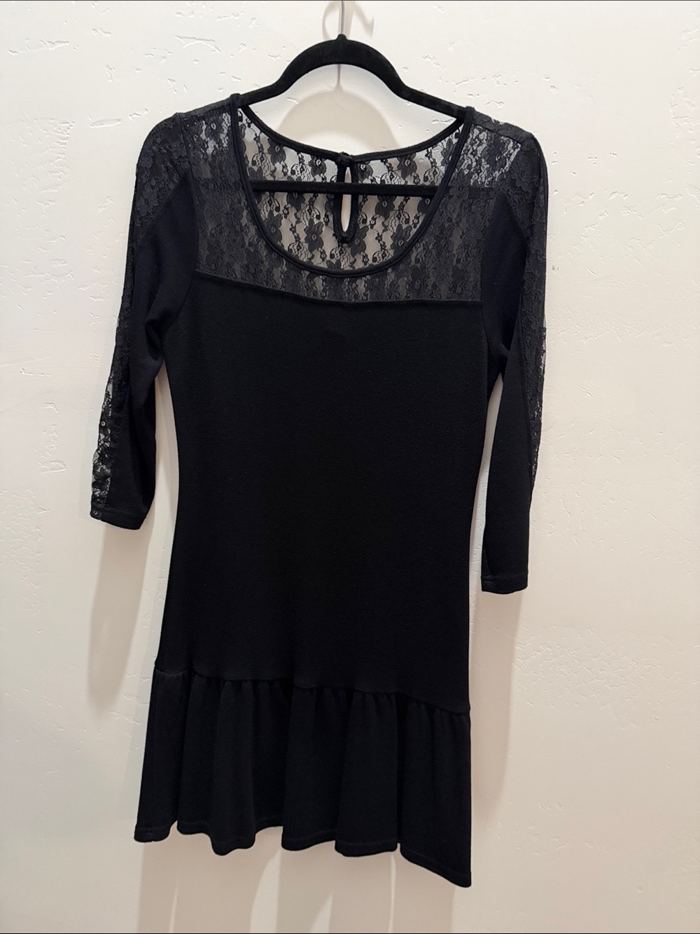 VENUS Black Lace Yoke Long Sleeve Ruffle Hem Dress